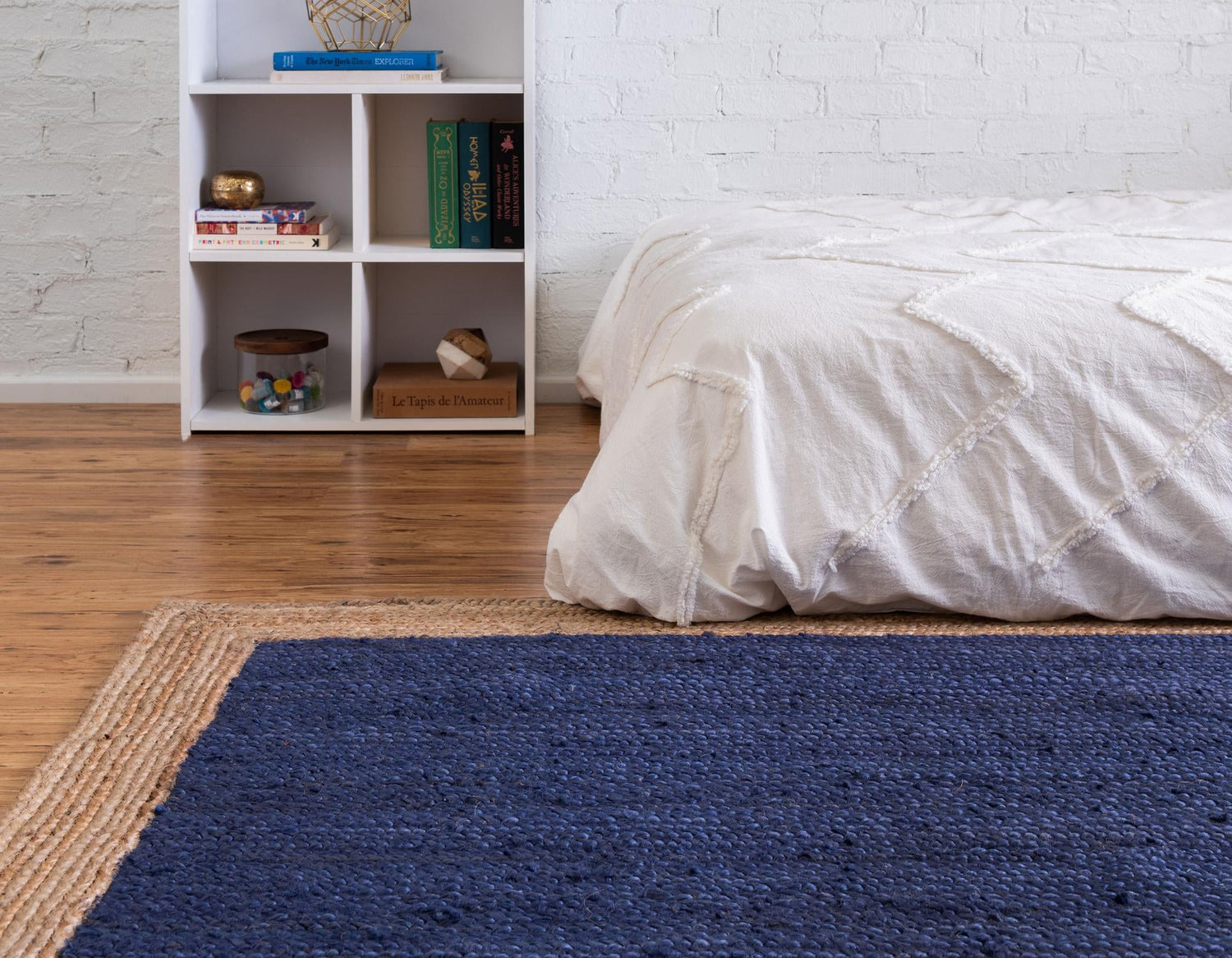 Navy Blue 4' 1 x 6' 1 Braided Jute Rectangle Area Rug 100% Jute Hand Braided Natural Eco-Friendly Boho Style Carpet for Living Rooms Dining Office Space Dorms for Sale at Rug Engine