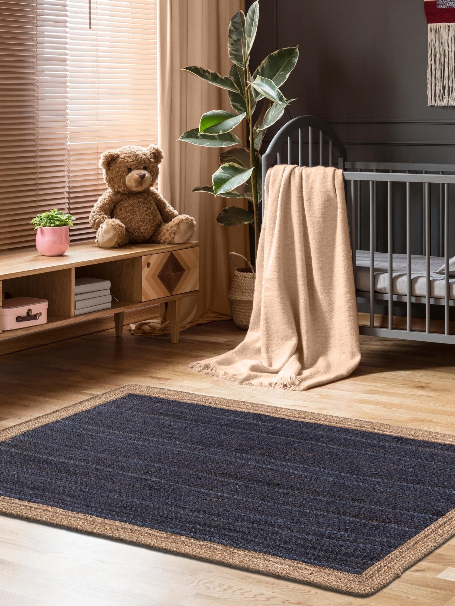 Navy Blue 5' 1 x 8' Braided Jute Rectangle Area Rug 100% Jute Hand Braided Natural Eco-Friendly Boho Style Carpet for Living Rooms Dining Office Space Dorms for Sale at Rug Engine