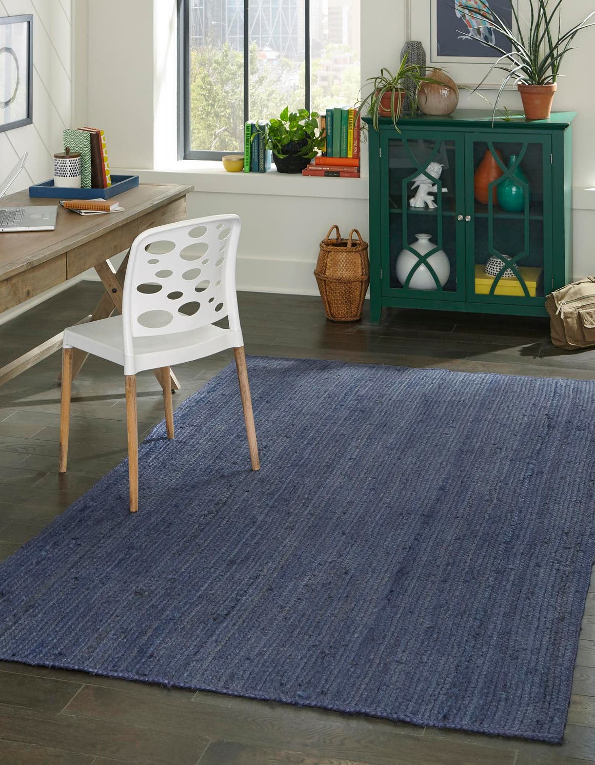 Navy Blue 5' 1 x 8' Braided Jute Rectangle Area Rug 100% Jute Hand Braided Natural Eco-Friendly Boho Style Carpet for Living Rooms Dining Office Space Dorms for Sale at Rug Engine