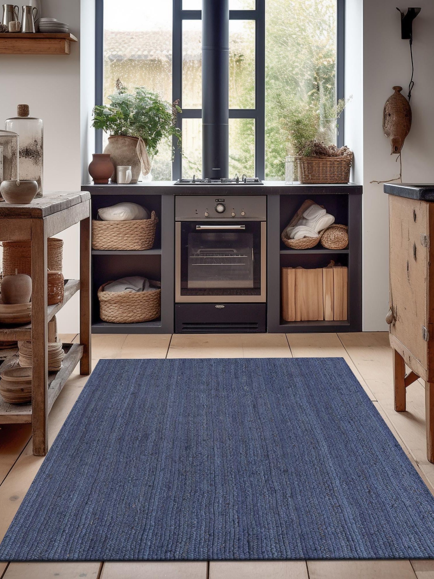 Navy Blue 4' 1 x 6' 1 Braided Jute Rectangle Area Rug 100% Jute Hand Braided Natural Eco-Friendly Boho Style Carpet for Living Rooms Dining Office Space Dorms for Sale at Rug Engine