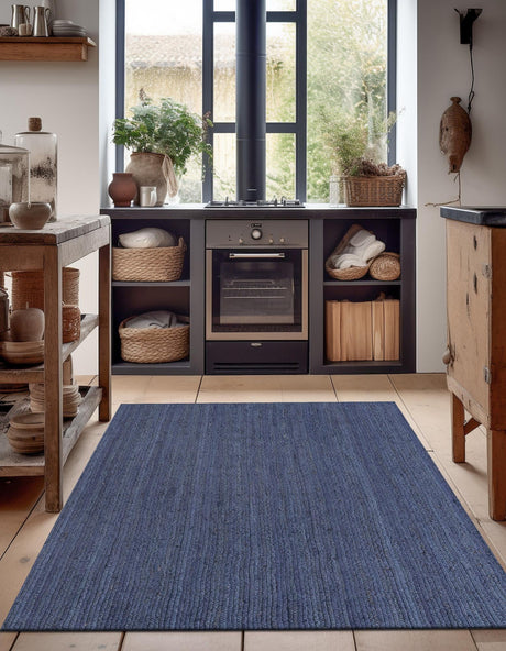 Navy Blue 4' 1 x 6' 1 Braided Jute Rectangle Area Rug 100% Jute Hand Braided Natural Eco-Friendly Boho Style Carpet for Living Rooms Dining Office Space Dorms for Sale at Rug Engine