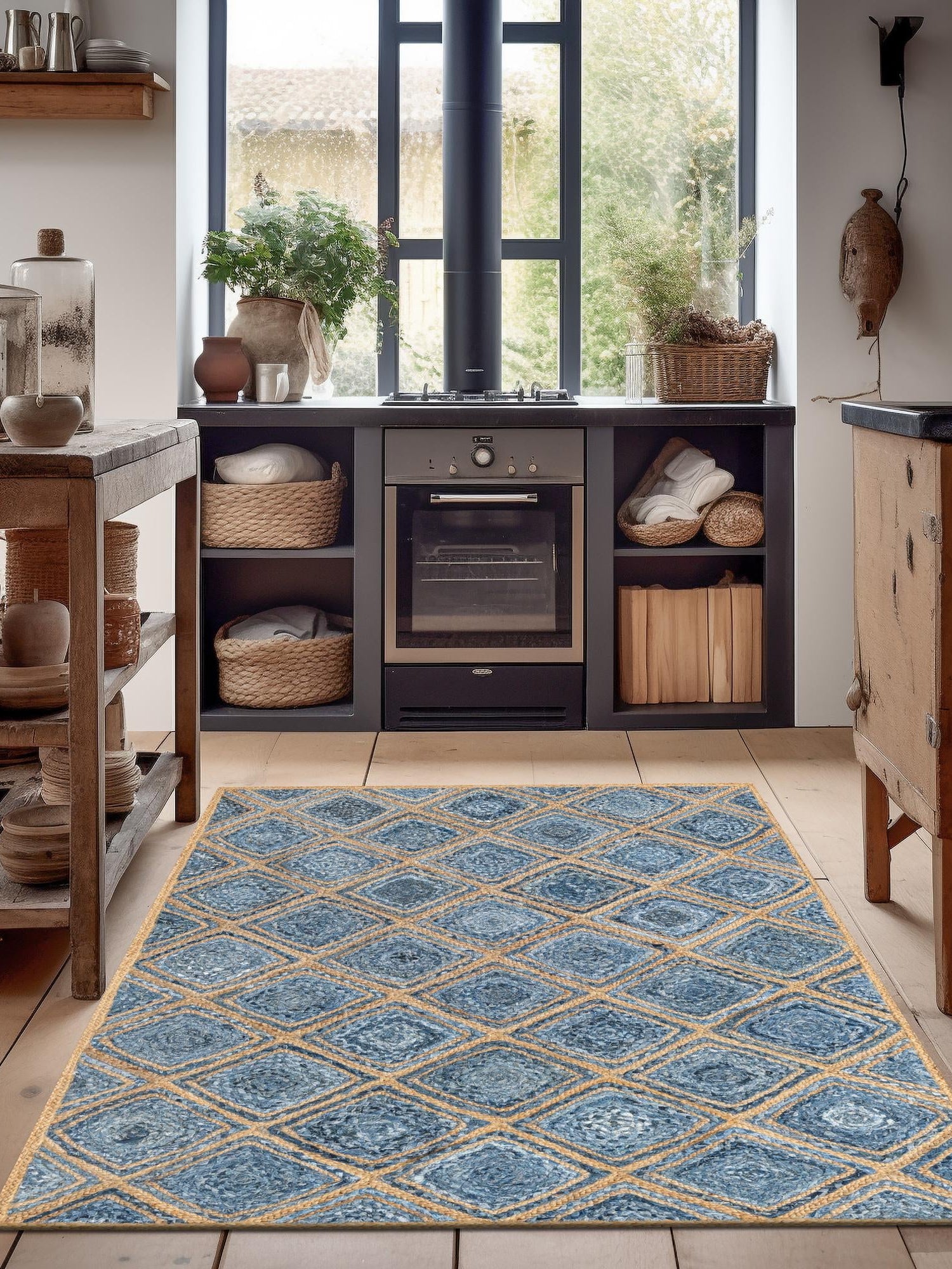 Blue 2' x 3' 1 Braided Jute Rectangle Area Rug 100% Jute Hand Braided Natural Eco-Friendly Boho Style Carpet for Living Rooms Dining Office Space Dorms for Sale at Rug Engine