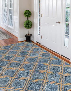 Blue 6' 1 x 9' Braided Jute Rectangle Area Rug 100% Jute Hand Braided Natural Eco-Friendly Boho Style Carpet for Living Rooms Dining Office Space Dorms for Sale at Rug Engine