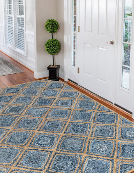 Blue 6' 1 x 9' Braided Jute Rectangle Area Rug 100% Jute Hand Braided Natural Eco-Friendly Boho Style Carpet for Living Rooms Dining Office Space Dorms for Sale at Rug Engine
