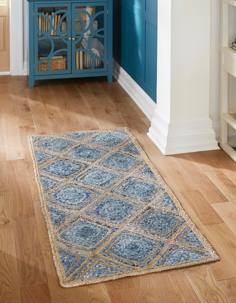 Blue 2' 7 x 6' 1 Braided Jute Runner Area Rug 100% Jute Hand Braided Natural Eco-Friendly Boho Style Carpet for Living Rooms Dining Office Space Dorms for Sale at Rug Engine