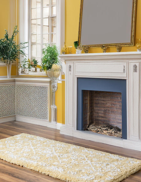 Yellow 2' 7 x 10' Rabat Shag Runner Area Rug Thick Soft Touch Fluffy & Plush Shaggy Pile Durable Geometric Carpet for Luxury Interior Design for Sale at Rug Engine