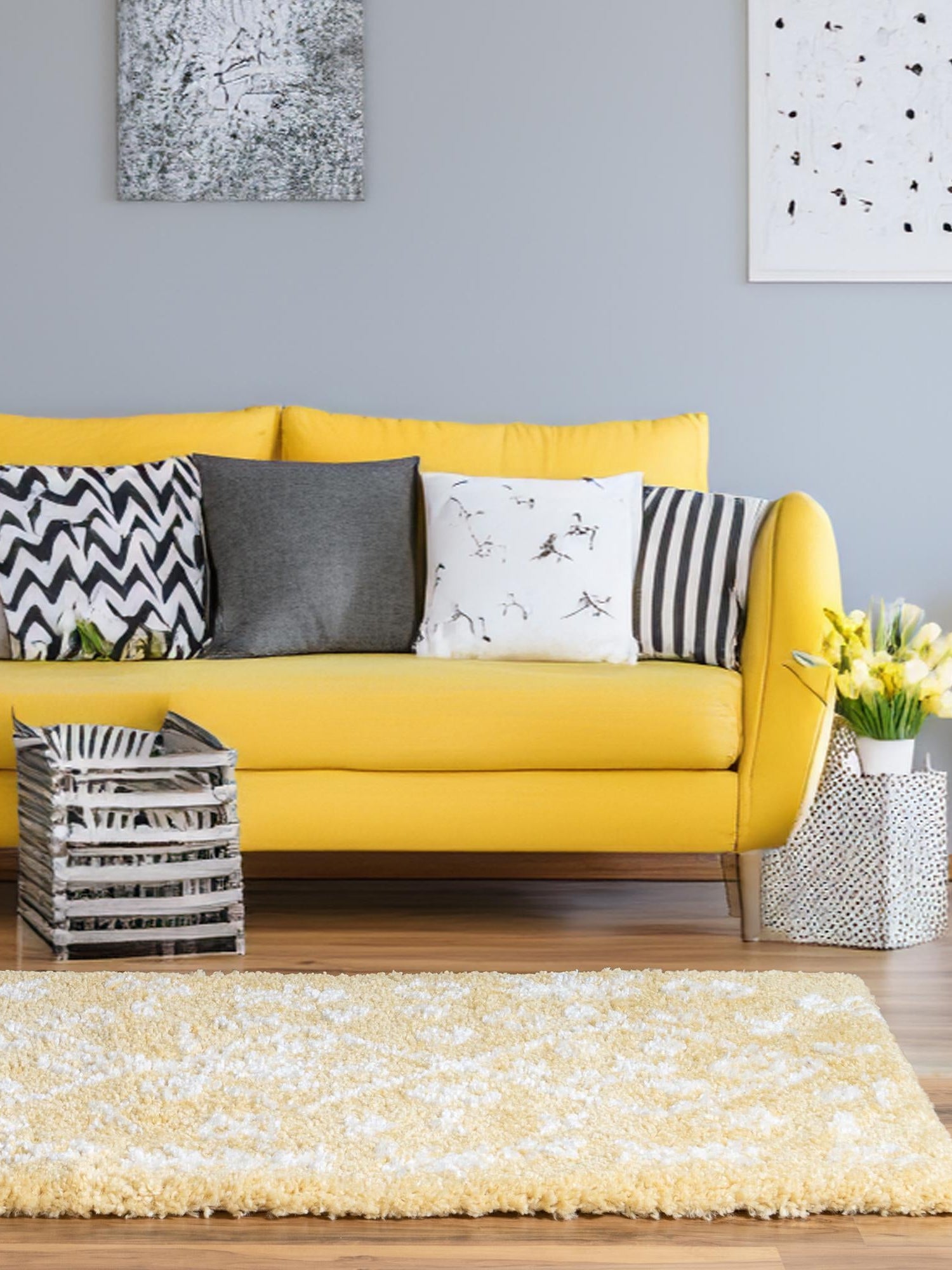 Yellow 2' 7 x 6' 1 Rabat Shag Runner Area Rug Thick Soft Touch Fluffy & Plush Shaggy Pile Durable Geometric Carpet for Luxury Interior Design for Sale at Rug Engine