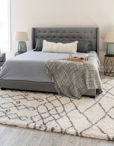 Pure Ivory 6' 1 x 9' Rabat Shag Rectangle Area Rug Thick Soft Touch Fluffy & Plush Shaggy Pile Durable Geometric Carpet for Luxury Interior Design for Sale at Rug Engine