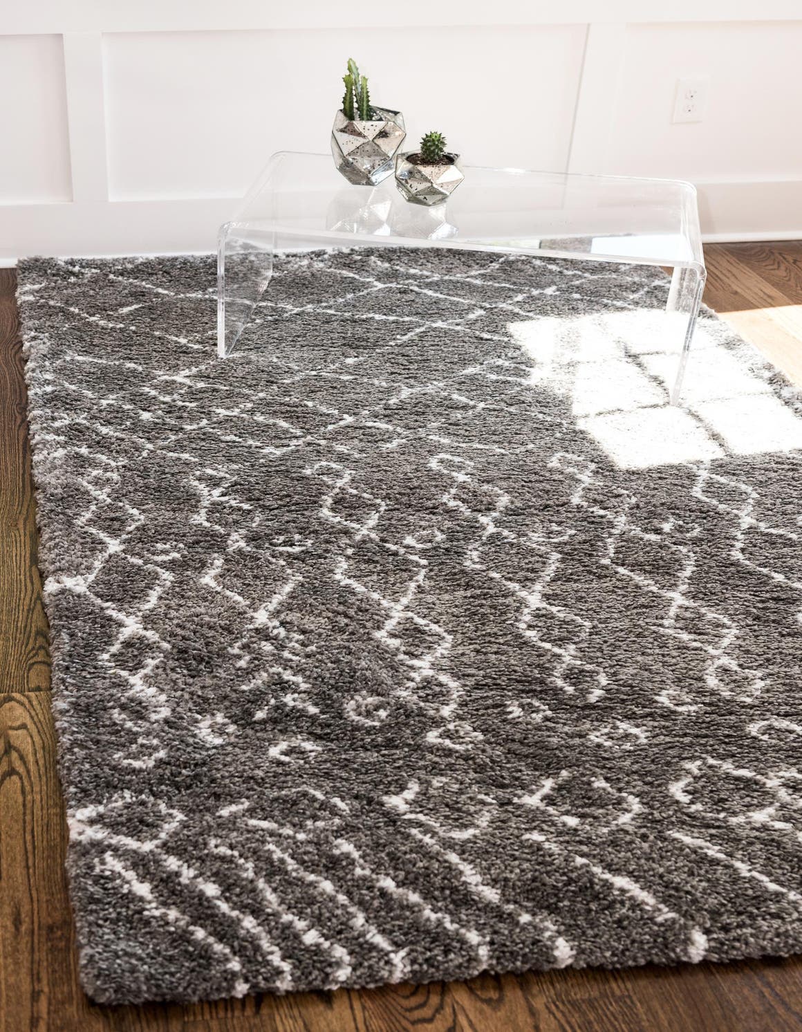 Gray 5' 1 x 8' Rabat Shag Rectangle Area Rug Thick Soft Touch Fluffy & Plush Shaggy Pile Durable Geometric Carpet for Luxury Interior Design for Sale at Rug Engine
