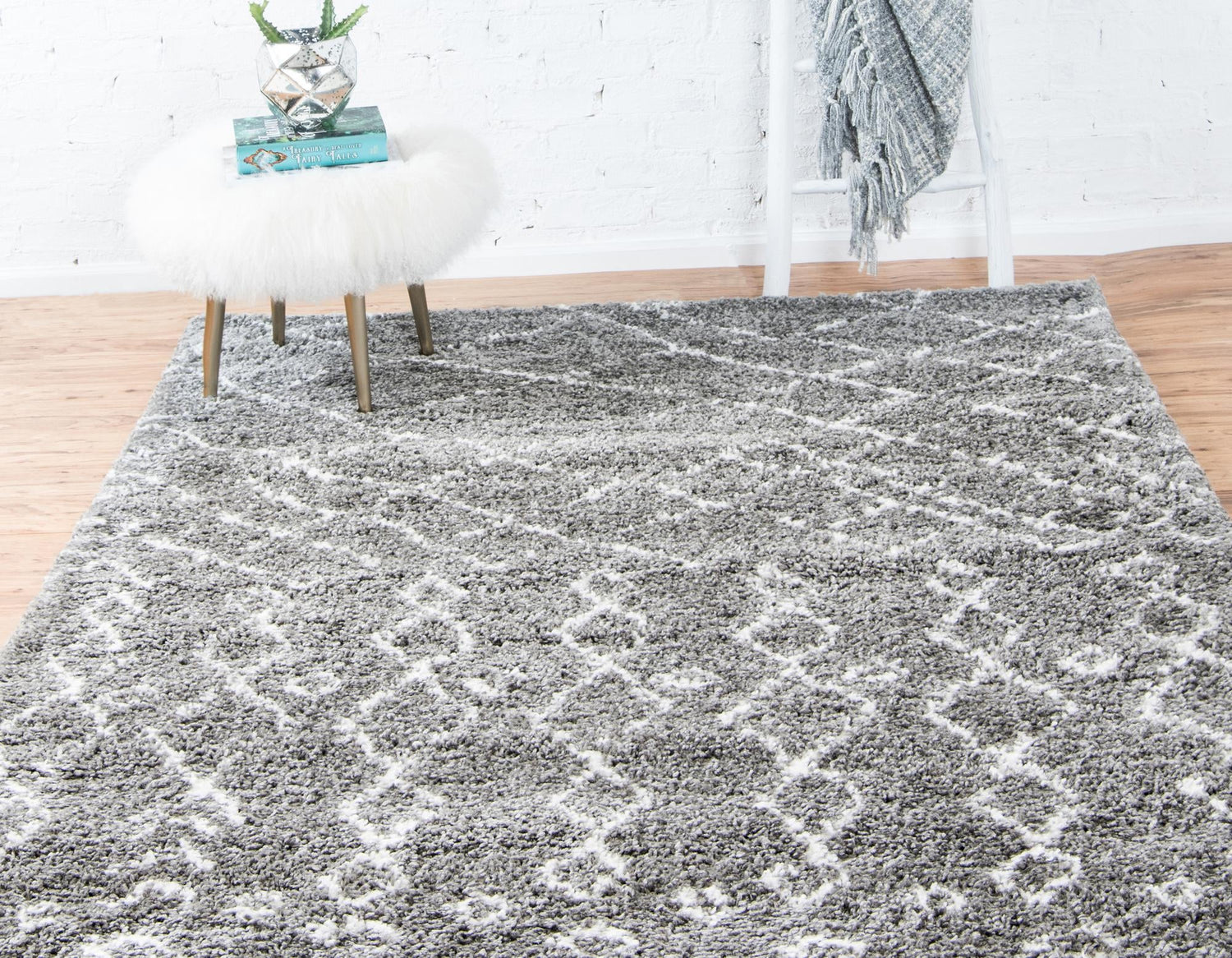 Gray 7' 10 x 10' Rabat Shag Rectangle Area Rug Thick Soft Touch Fluffy & Plush Shaggy Pile Durable Geometric Carpet for Luxury Interior Design for Sale at Rug Engine