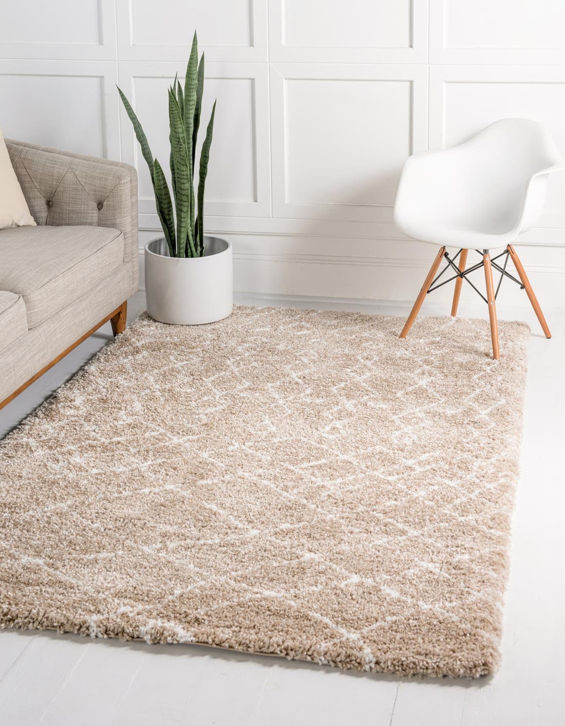 Taupe 8' x 10' Rabat Shag Rectangle Area Rug Thick Soft Touch Fluffy & Plush Shaggy Pile Durable Geometric Carpet for Luxury Interior Design for Sale at Rug Engine
