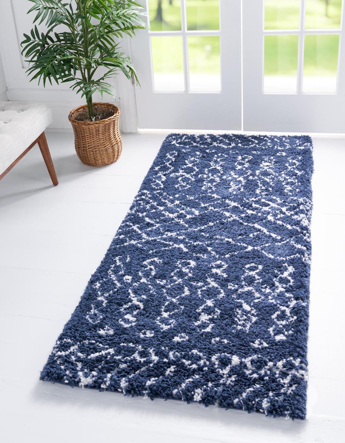 Navy Blue 2' 7 x 10' Rabat Shag Runner Area Rug Thick Soft Touch Fluffy & Plush Shaggy Pile Durable Geometric Carpet for Luxury Interior Design for Sale at Rug Engine