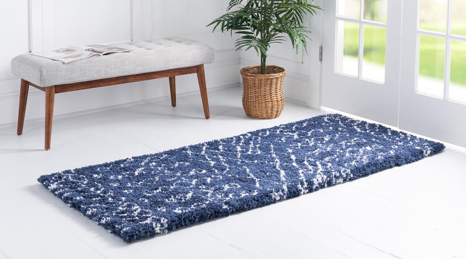 Navy Blue 2' 7 x 10' Rabat Shag Runner Area Rug Thick Soft Touch Fluffy & Plush Shaggy Pile Durable Geometric Carpet for Luxury Interior Design for Sale at Rug Engine