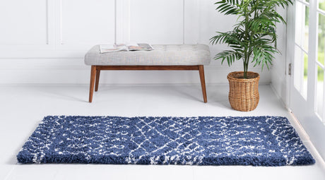 Navy Blue 2' 7 x 10' Rabat Shag Runner Area Rug Thick Soft Touch Fluffy & Plush Shaggy Pile Durable Geometric Carpet for Luxury Interior Design for Sale at Rug Engine
