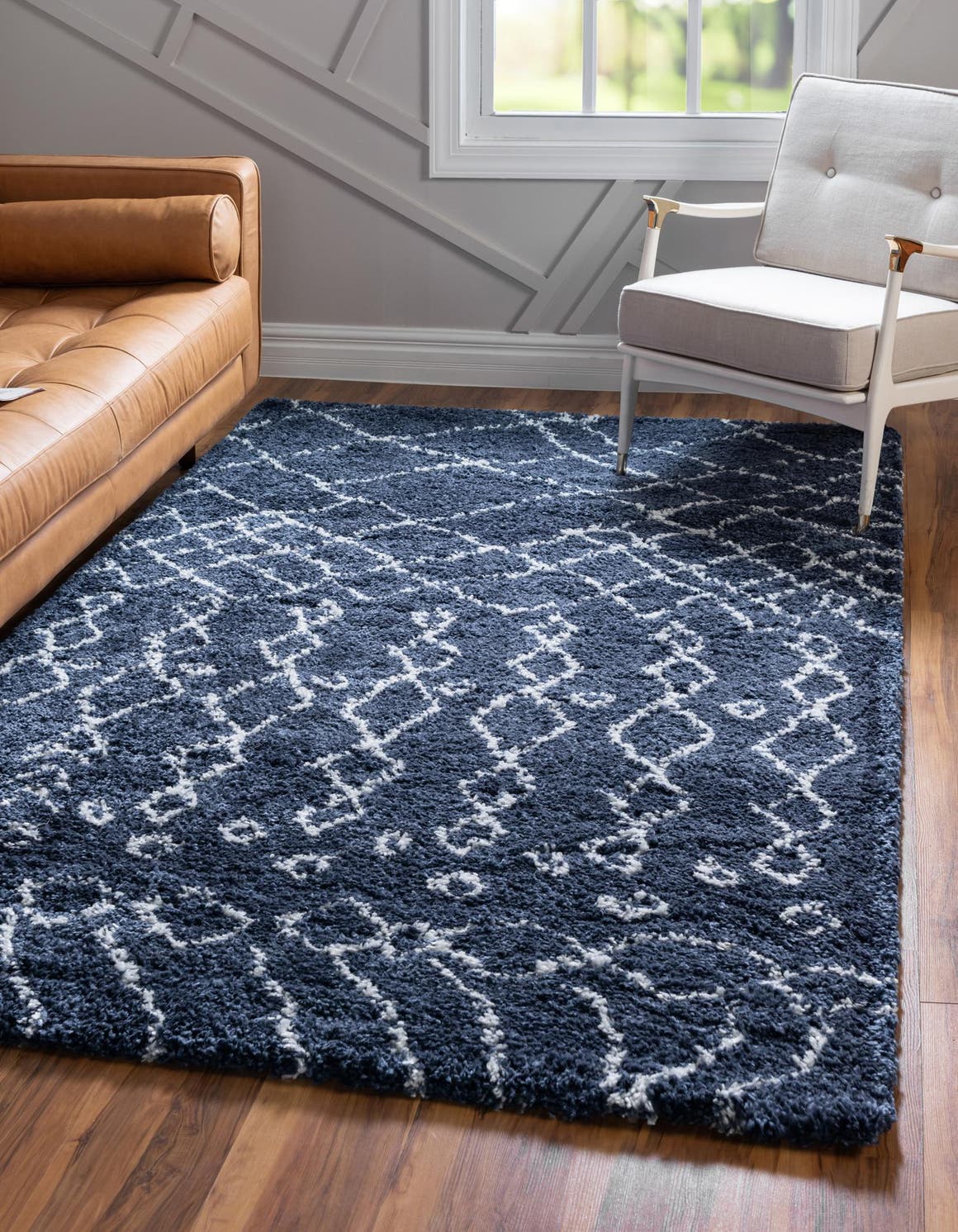 Navy Blue 8' x 10' Rabat Shag Rectangle Area Rug Thick Soft Touch Fluffy & Plush Shaggy Pile Durable Geometric Carpet for Luxury Interior Design for Sale at Rug Engine