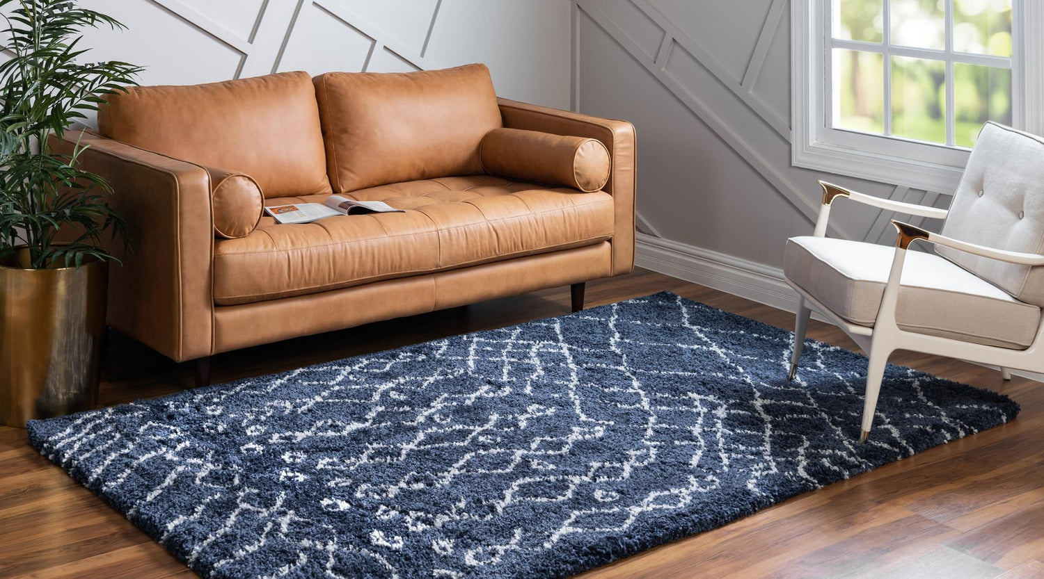 Navy Blue 5' 1 x 8' Rabat Shag Rectangle Area Rug Thick Soft Touch Fluffy & Plush Shaggy Pile Durable Geometric Carpet for Luxury Interior Design for Sale at Rug Engine