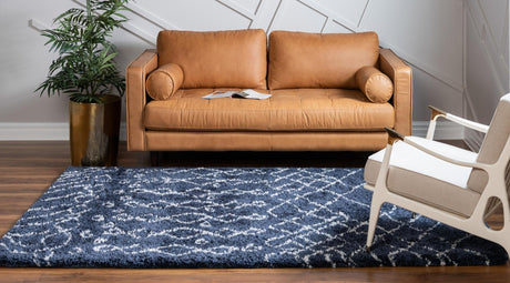 Navy Blue 4' 1 x 6' 1 Rabat Shag Rectangle Area Rug Thick Soft Touch Fluffy & Plush Shaggy Pile Durable Geometric Carpet for Luxury Interior Design for Sale at Rug Engine