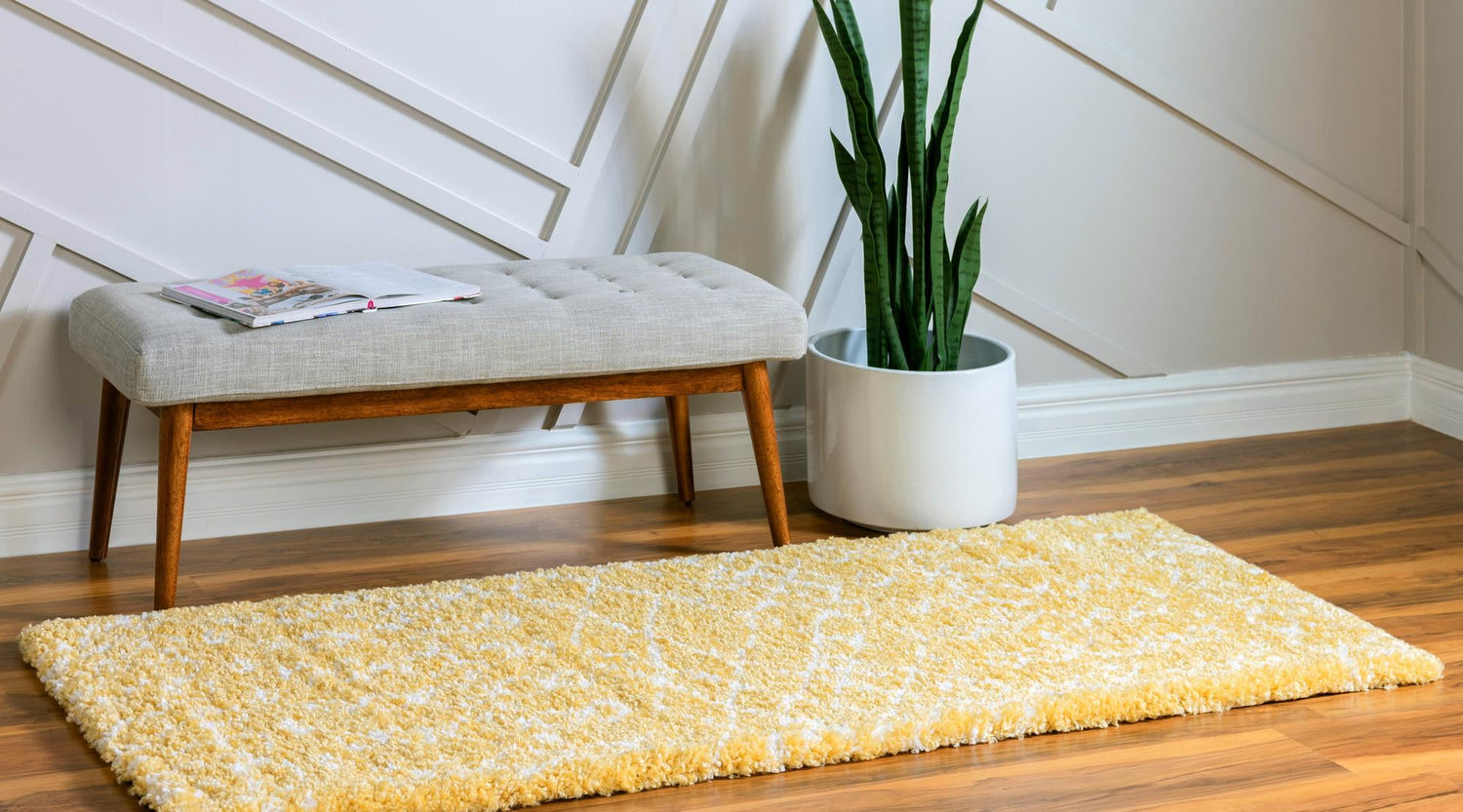 Yellow 2' 7 x 6' 1 Rabat Shag Runner Area Rug Thick Soft Touch Fluffy & Plush Shaggy Pile Durable Geometric Carpet for Luxury Interior Design for Sale at Rug Engine