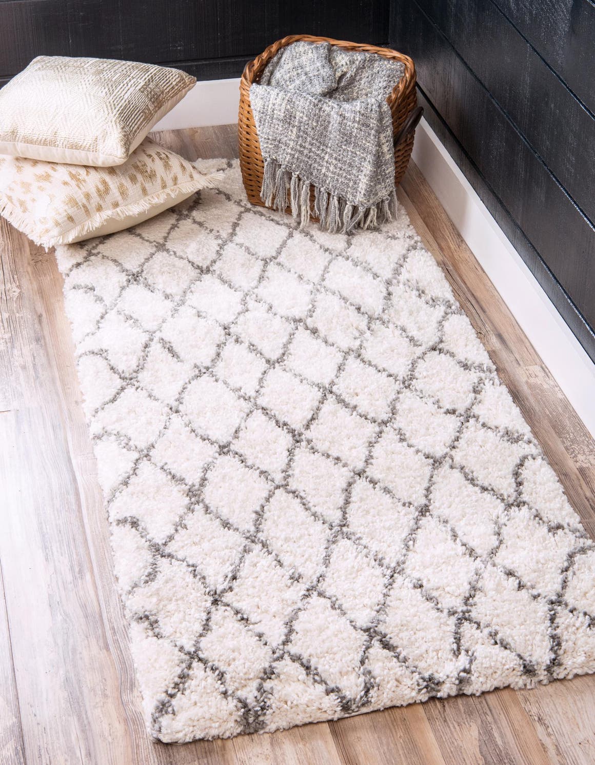 Pure Ivory 2' x 8' Rabat Shag Runner Area Rug Thick Soft Touch Fluffy & Plush Shaggy Pile Durable Geometric Carpet for Luxury Interior Design for Sale at Rug Engine