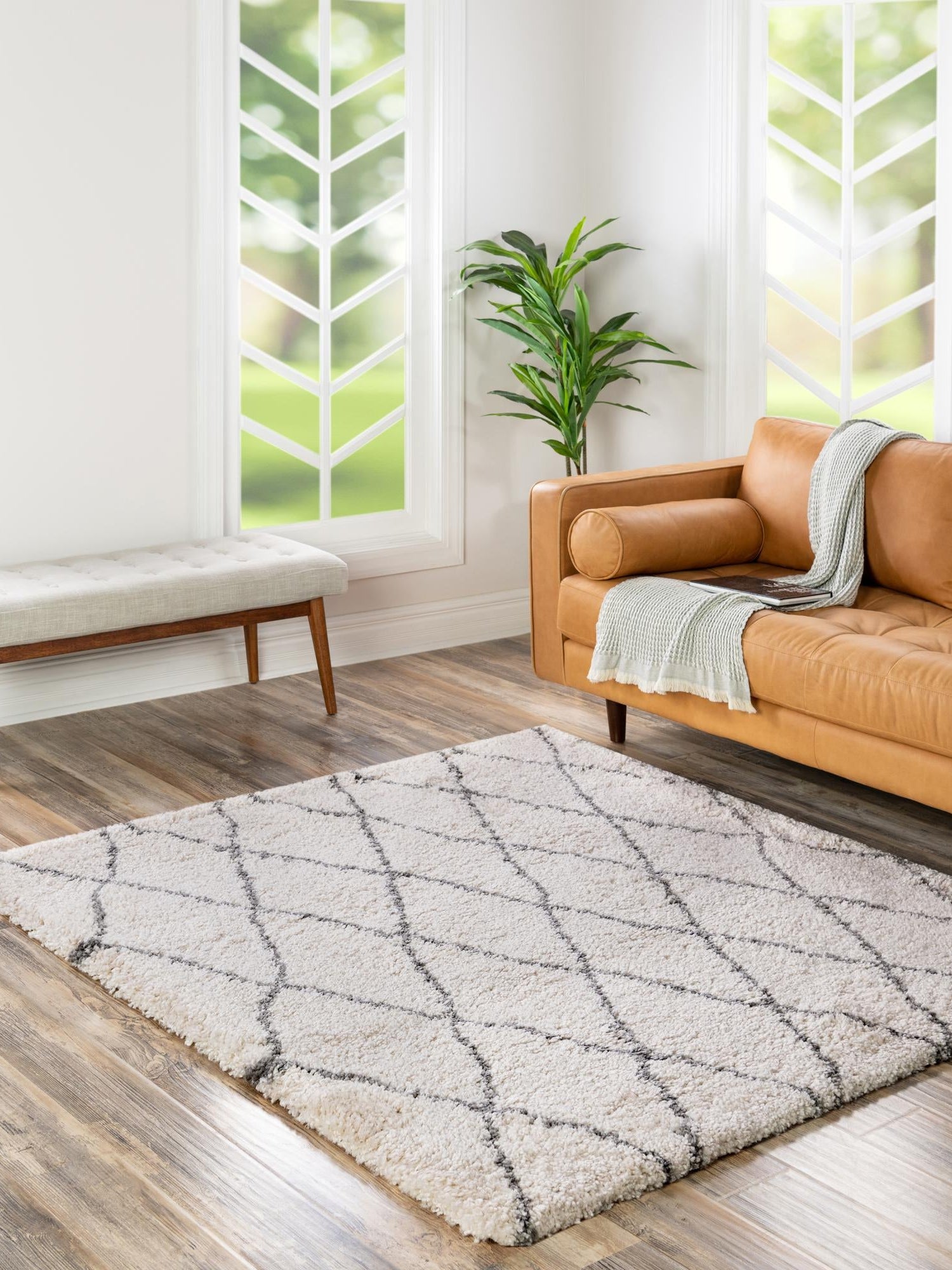 Pure Ivory 5' 3 x 5' 3 Rabat Shag Square Area Rug Thick Soft Touch Fluffy & Plush Shaggy Pile Durable Geometric Carpet for Luxury Interior Design for Sale at Rug Engine