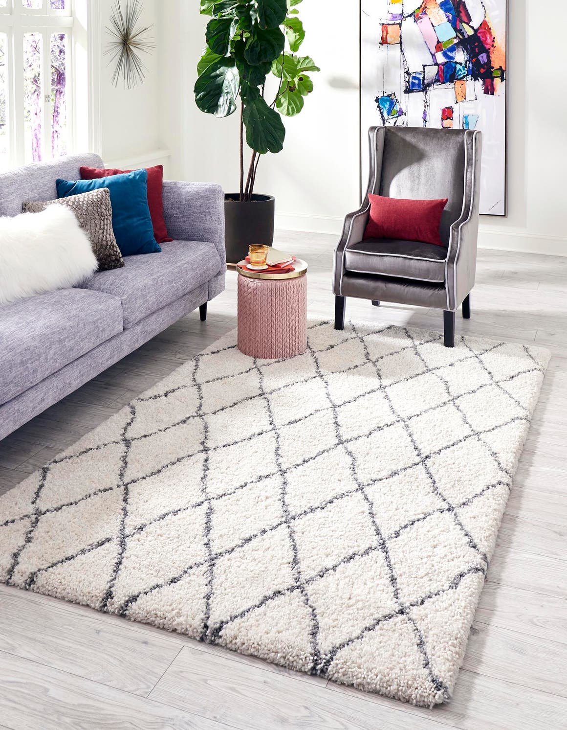 Pure Ivory 7' 10 x 10' Rabat Shag Rectangle Area Rug Thick Soft Touch Fluffy & Plush Shaggy Pile Durable Geometric Carpet for Luxury Interior Design for Sale at Rug Engine
