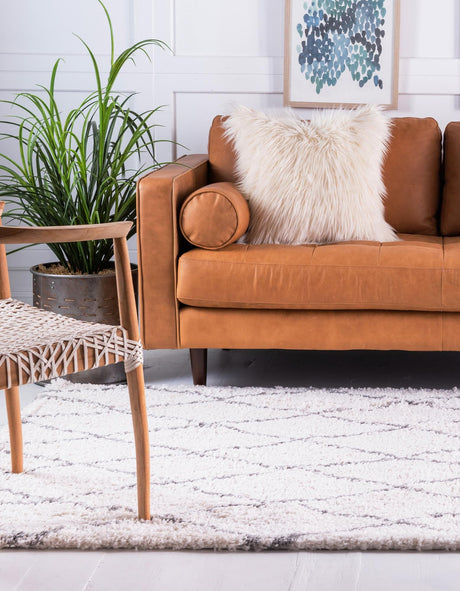 Pure Ivory 7' 10 x 10' Rabat Shag Rectangle Area Rug Thick Soft Touch Fluffy & Plush Shaggy Pile Durable Geometric Carpet for Luxury Interior Design for Sale at Rug Engine