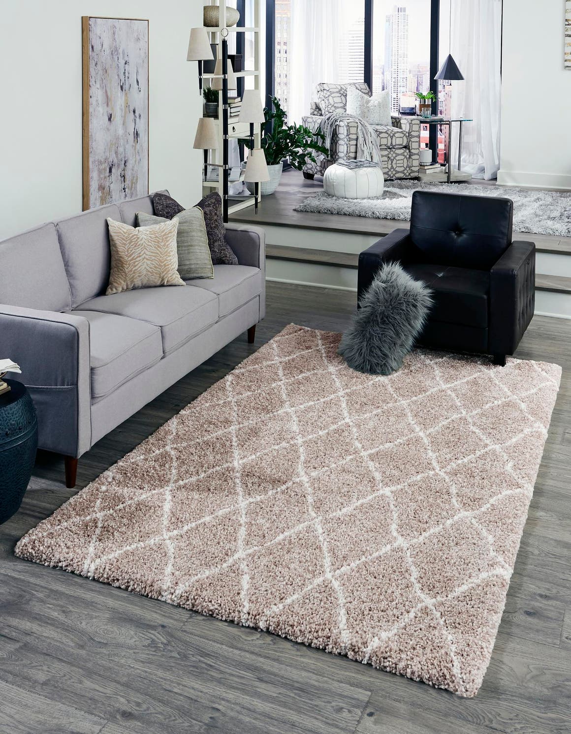 Taupe 8' x 10' Rabat Shag Rectangle Area Rug Thick Soft Touch Fluffy & Plush Shaggy Pile Durable Geometric Carpet for Luxury Interior Design for Sale at Rug Engine