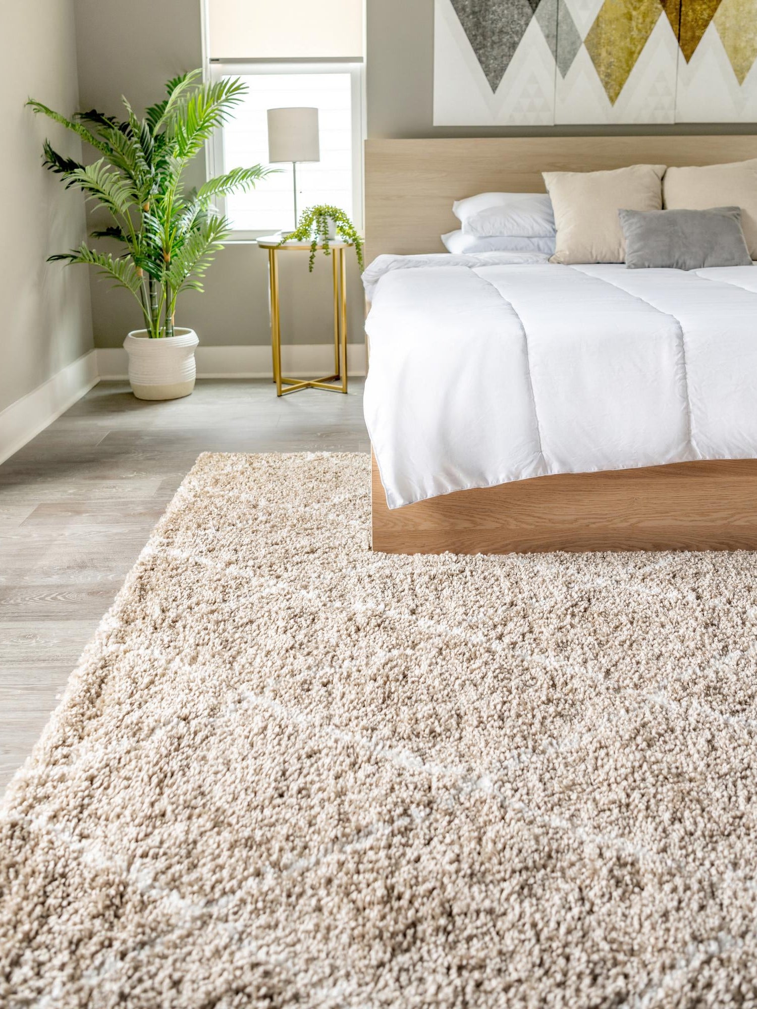 Taupe 5' 1 x 8' Rabat Shag Rectangle Area Rug Thick Soft Touch Fluffy & Plush Shaggy Pile Durable Geometric Carpet for Luxury Interior Design for Sale at Rug Engine