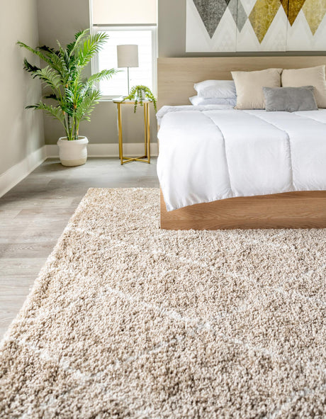 Taupe 8' x 10' Rabat Shag Rectangle Area Rug Thick Soft Touch Fluffy & Plush Shaggy Pile Durable Geometric Carpet for Luxury Interior Design for Sale at Rug Engine