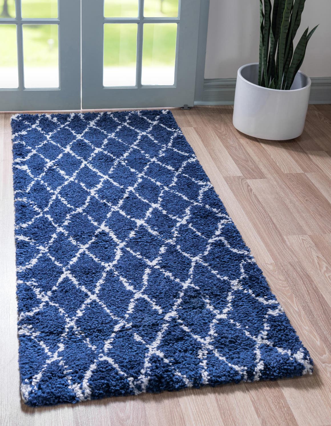 Navy Blue 2' 7 x 10' Rabat Shag Runner Area Rug Thick Soft Touch Fluffy & Plush Shaggy Pile Durable Geometric Carpet for Luxury Interior Design for Sale at Rug Engine