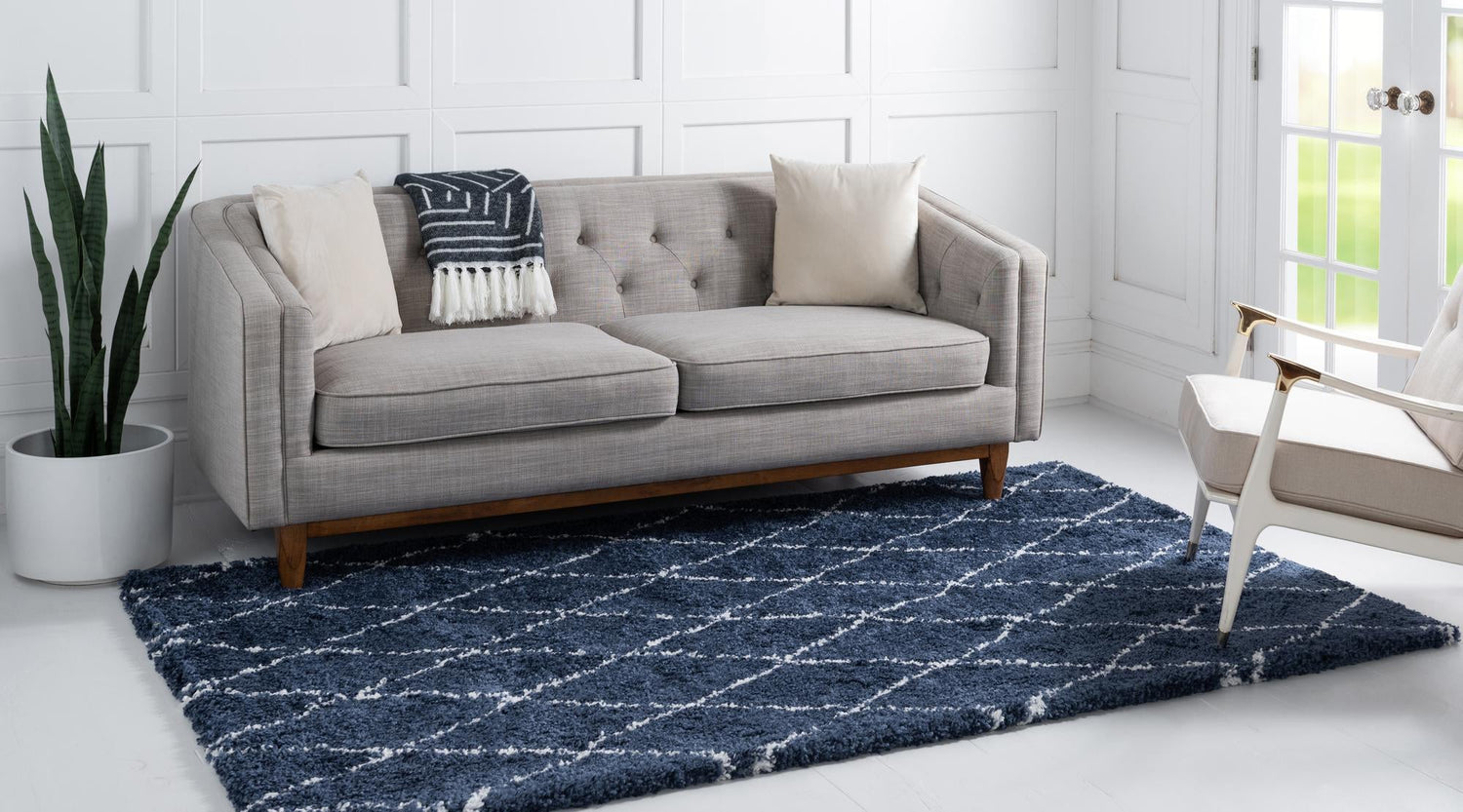 Navy Blue 4' 1 x 6' 1 Rabat Shag Rectangle Area Rug Thick Soft Touch Fluffy & Plush Shaggy Pile Durable Geometric Carpet for Luxury Interior Design for Sale at Rug Engine