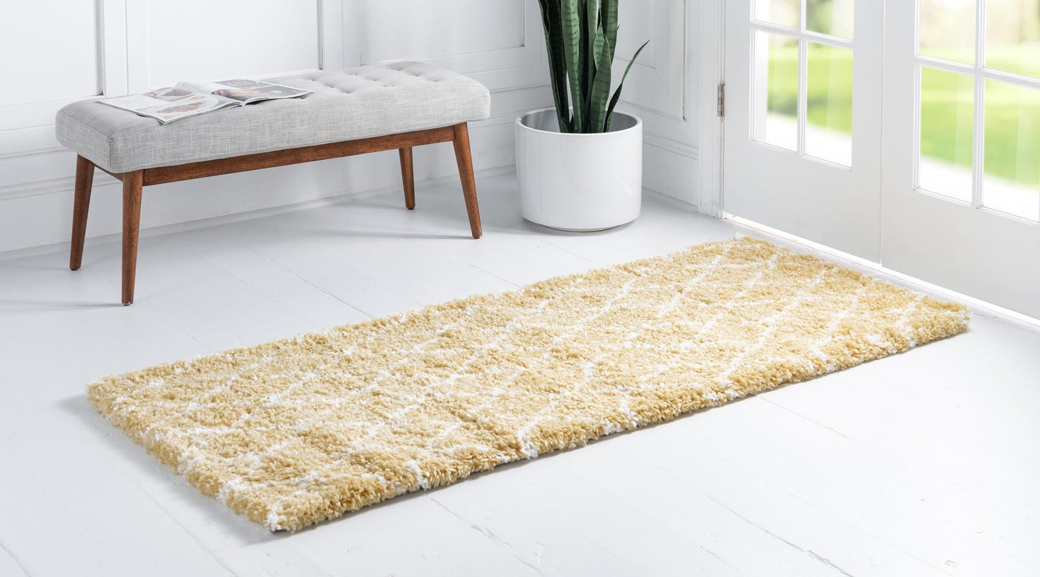 Yellow 2' 7 x 10' Rabat Shag Runner Area Rug Thick Soft Touch Fluffy & Plush Shaggy Pile Durable Geometric Carpet for Luxury Interior Design for Sale at Rug Engine
