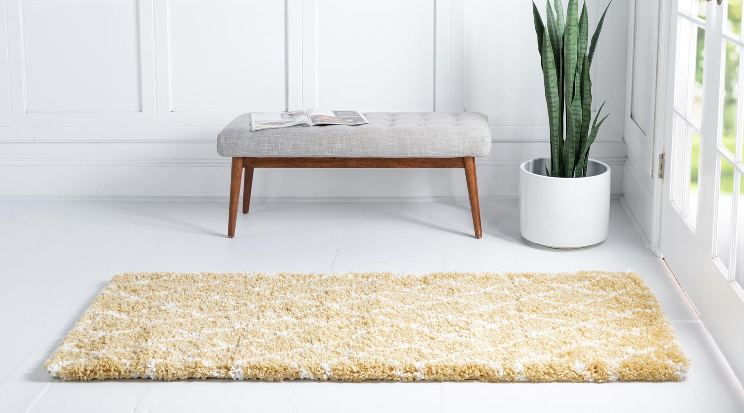 Yellow 2' 7 x 10' Rabat Shag Runner Area Rug Thick Soft Touch Fluffy & Plush Shaggy Pile Durable Geometric Carpet for Luxury Interior Design for Sale at Rug Engine
