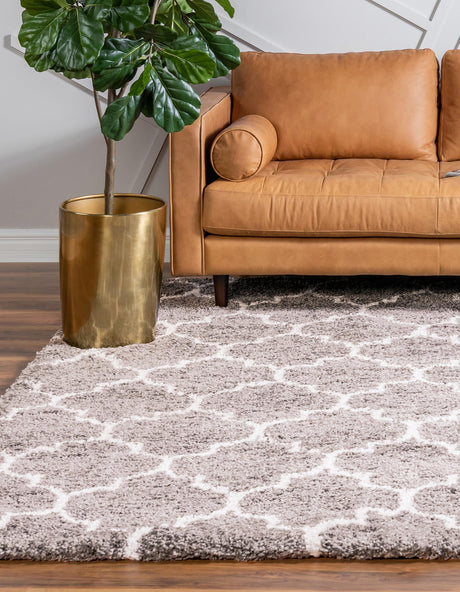 Taupe 8' x 8' Rabat Shag Square Area Rug Thick Soft Touch Fluffy & Plush Shaggy Pile Durable Geometric Carpet for Luxury Interior Design for Sale at Rug Engine