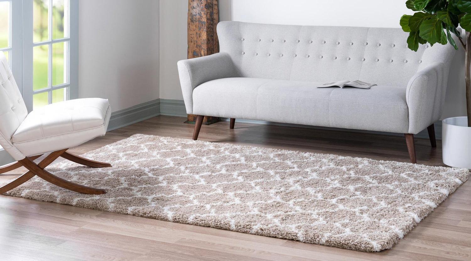 Taupe 4' 1 x 6' 1 Rabat Shag Rectangle Area Rug Thick Soft Touch Fluffy & Plush Shaggy Pile Durable Geometric Carpet for Luxury Interior Design for Sale at Rug Engine
