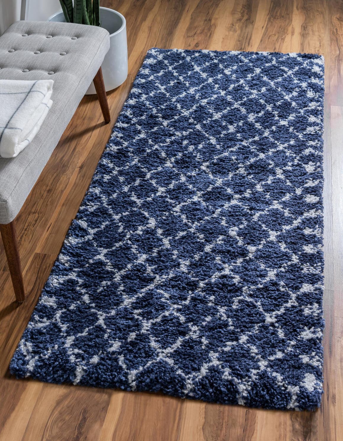 Navy Blue 2' 7 x 6' 1 Rabat Shag Runner Area Rug Thick Soft Touch Fluffy & Plush Shaggy Pile Durable Geometric Carpet for Luxury Interior Design for Sale at Rug Engine