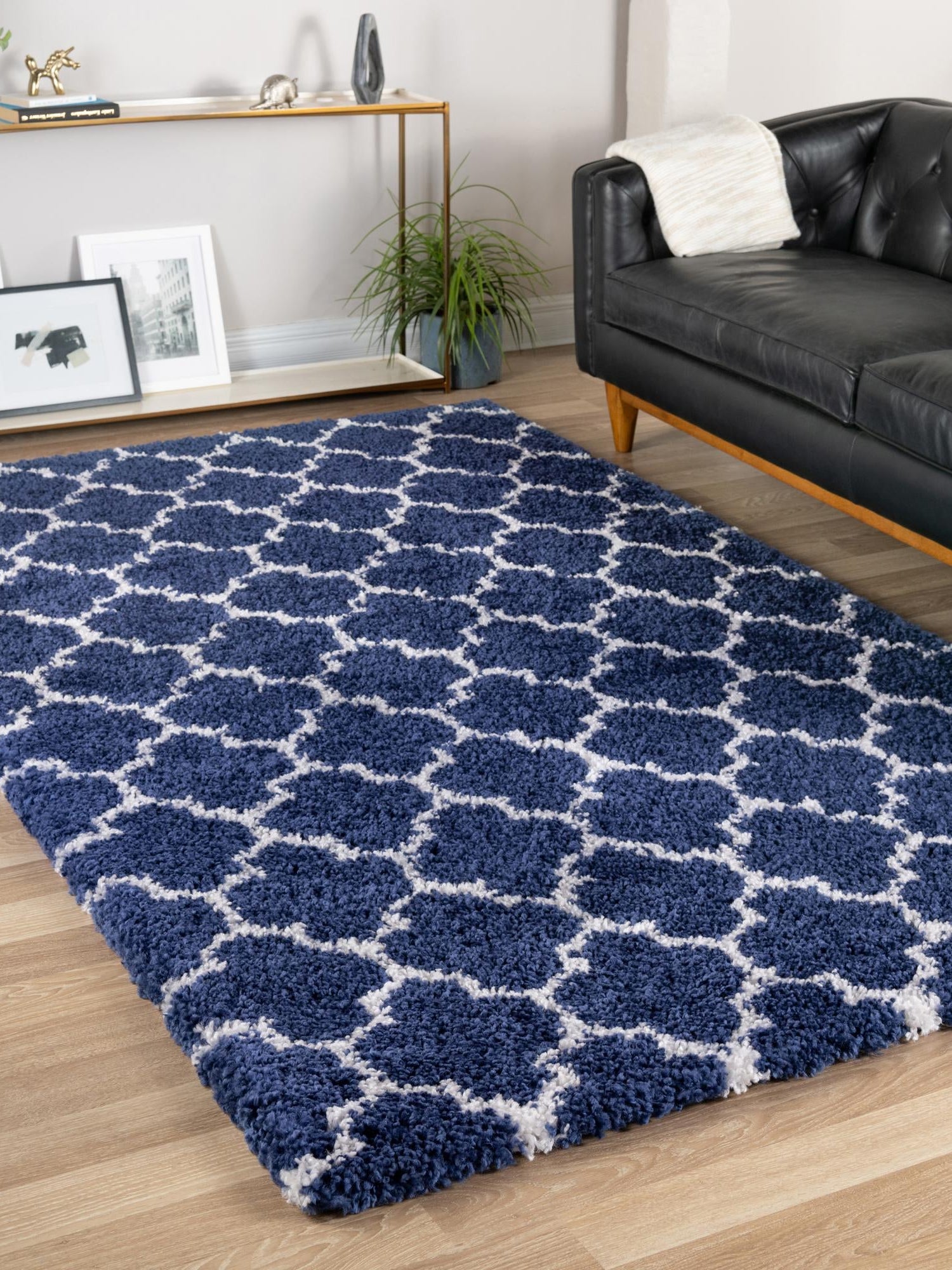 Navy Blue 9' x 12' Rabat Shag Rectangle Area Rug Thick Soft Touch Fluffy & Plush Shaggy Pile Durable Geometric Carpet for Luxury Interior Design for Sale at Rug Engine
