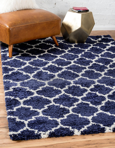 Navy Blue 4' 1 x 6' 1 Rabat Shag Rectangle Area Rug Thick Soft Touch Fluffy & Plush Shaggy Pile Durable Geometric Carpet for Luxury Interior Design for Sale at Rug Engine