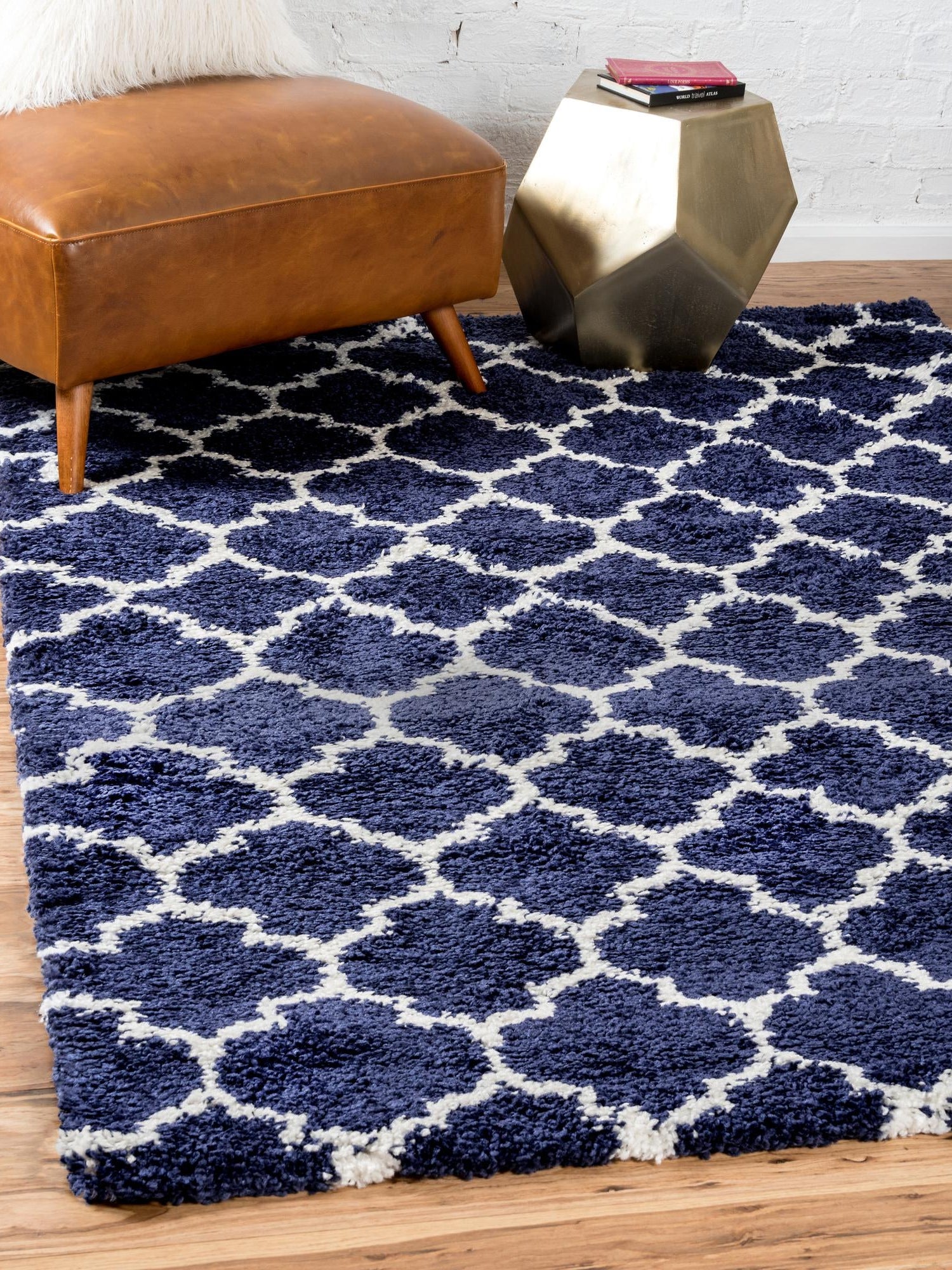 Navy Blue 9' x 12' Rabat Shag Rectangle Area Rug Thick Soft Touch Fluffy & Plush Shaggy Pile Durable Geometric Carpet for Luxury Interior Design for Sale at Rug Engine