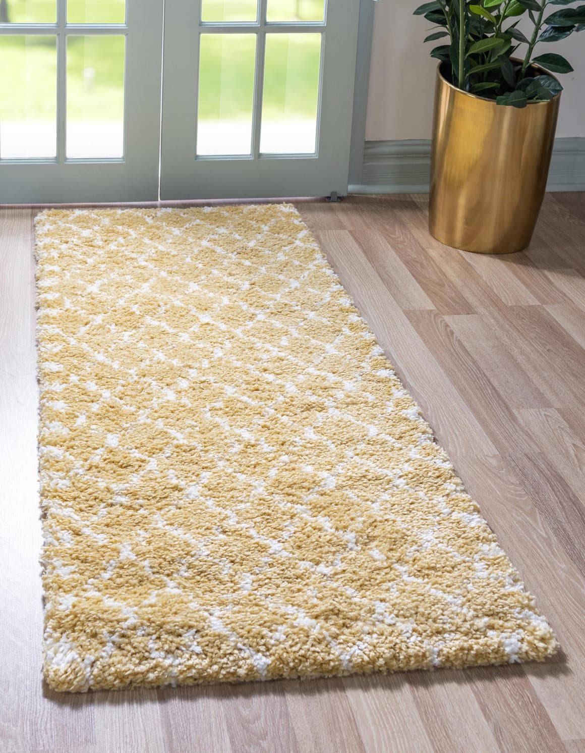 Yellow 2' 7 x 10' Rabat Shag Runner Area Rug Thick Soft Touch Fluffy & Plush Shaggy Pile Durable Geometric Carpet for Luxury Interior Design for Sale at Rug Engine