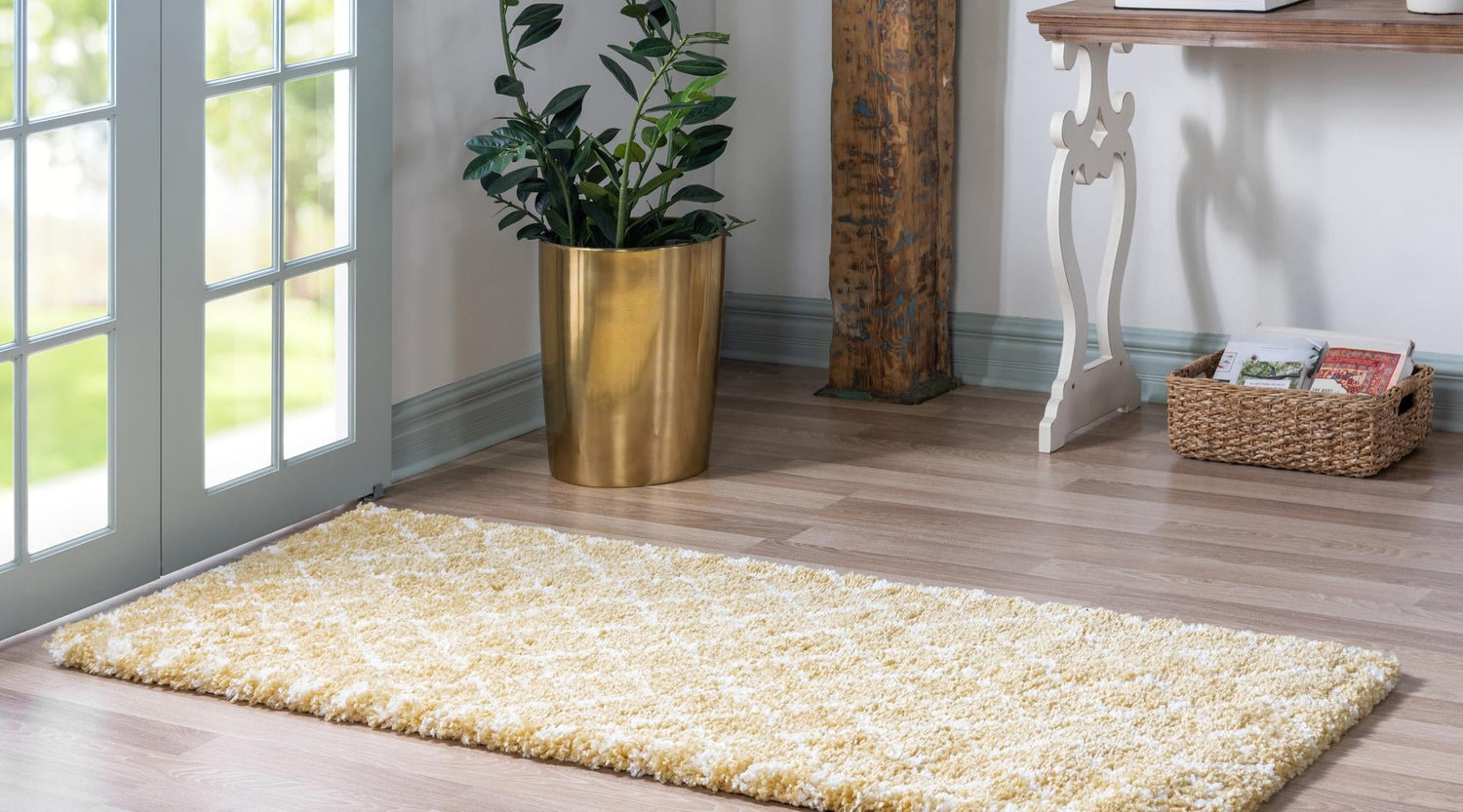 Yellow 2' 7 x 6' 1 Rabat Shag Runner Area Rug Thick Soft Touch Fluffy & Plush Shaggy Pile Durable Geometric Carpet for Luxury Interior Design for Sale at Rug Engine