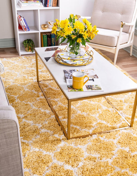 Yellow 8' x 8' Rabat Shag Square Area Rug Thick Soft Touch Fluffy & Plush Shaggy Pile Durable Geometric Carpet for Luxury Interior Design for Sale at Rug Engine