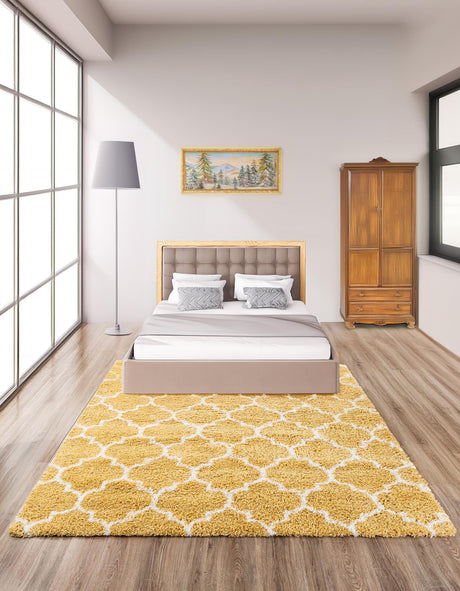 Yellow 8' x 8' Rabat Shag Square Area Rug Thick Soft Touch Fluffy & Plush Shaggy Pile Durable Geometric Carpet for Luxury Interior Design for Sale at Rug Engine
