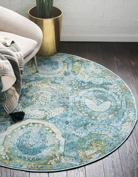 Light Blue 8' x 8' Baracoa Round Area Rug 100% Polypropylene Distressed Vintage Living Dining Room Office Traditional Carpet for Sale at Rug Engine
