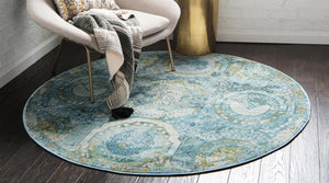 Light Blue 6' x 6' Baracoa Round Area Rug 100% Polypropylene Distressed Vintage Living Dining Room Office Traditional Carpet for Sale at Rug Engine