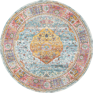 Light Blue 8' x 8' Baracoa Round Area Rug 100% Polypropylene Distressed Vintage Living Dining Room Office Traditional Carpet for Sale at Rug Engine