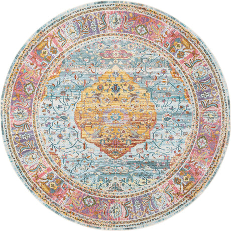 Light Blue 8' x 8' Baracoa Round Area Rug 100% Polypropylene Distressed Vintage Living Dining Room Office Traditional Carpet for Sale at Rug Engine