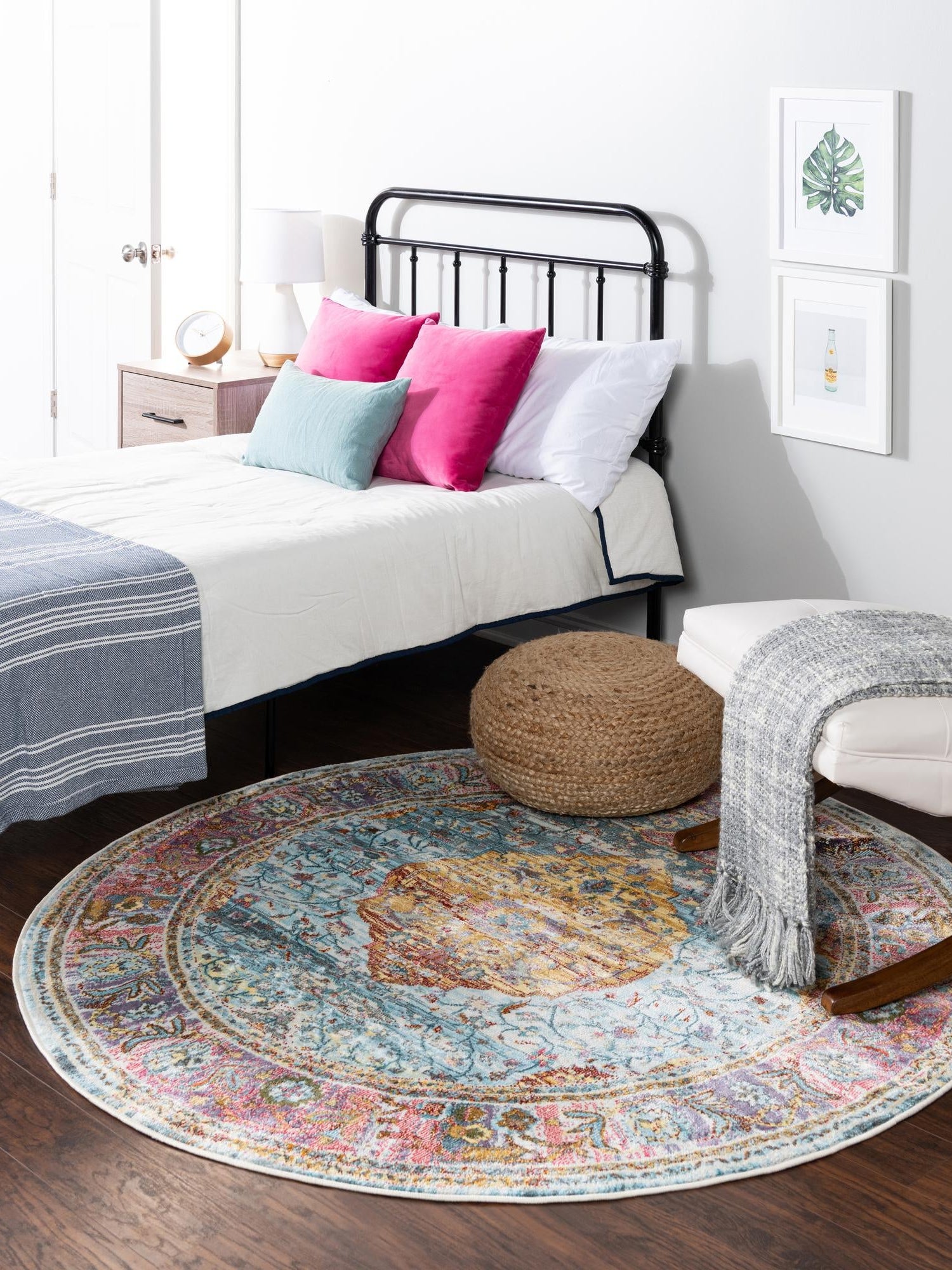 Light Blue 8' x 8' Baracoa Round Area Rug 100% Polypropylene Distressed Vintage Living Dining Room Office Traditional Carpet for Sale at Rug Engine