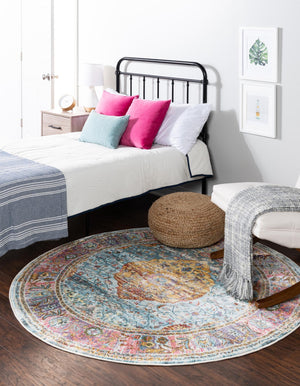 Light Blue 8' x 8' Baracoa Round Area Rug 100% Polypropylene Distressed Vintage Living Dining Room Office Traditional Carpet for Sale at Rug Engine