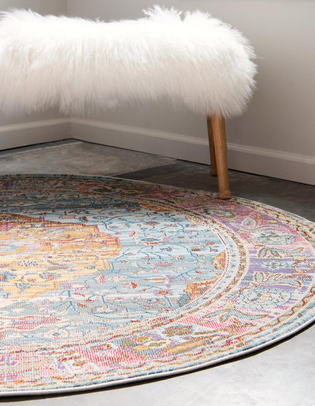 Light Blue 5' 5 x 5' 5 Baracoa Round Area Rug 100% Polypropylene Distressed Vintage Living Dining Room Office Traditional Carpet for Sale at Rug Engine